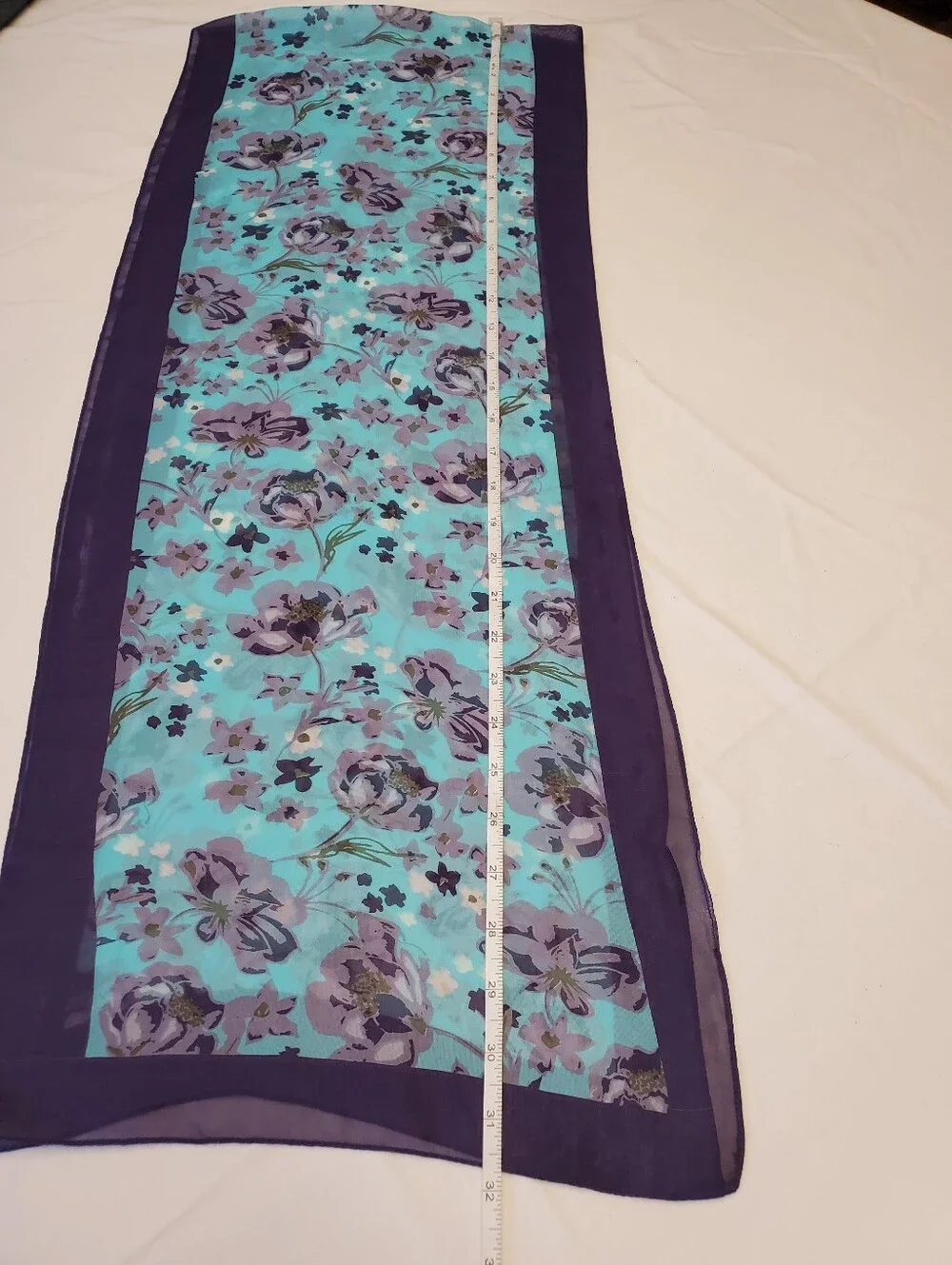 Vintage Teal Purple Floral Chiffon Long Scarf Sheer Border Boho 64x16